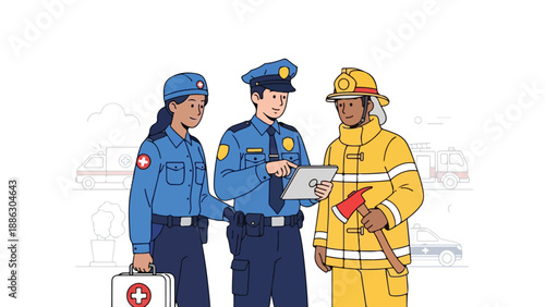 Illustration of a police officer and a firefighter discussing a document with another police officer holding a first aid kit in a professional and safety-focused scene.