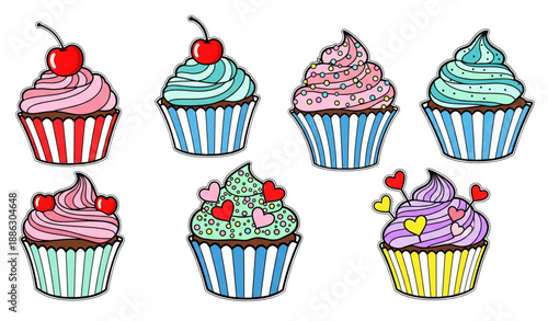Playful hand drawn cupcake vector set with decorative toppings isolated on transparent background