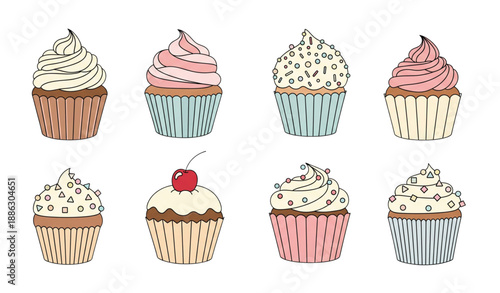 Minimal hand drawn cupcake vector illustration set with decorative toppings isolated on transparent background