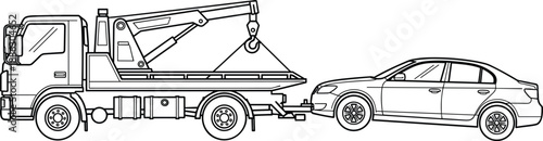 Towing truck towing broken car illustration, roadside assistance vehicle with crane, flatbed recovery service isolated on white background vector design