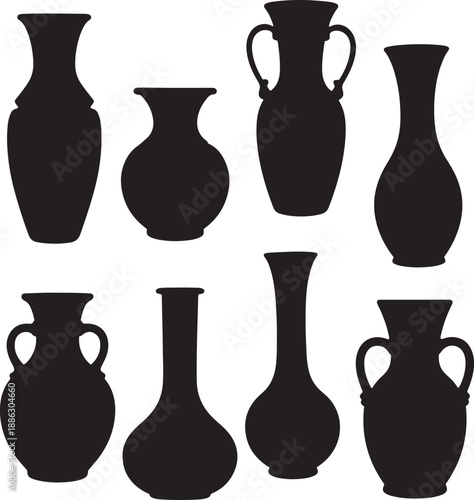 Black silhouettes of eight ancient style vases on white background