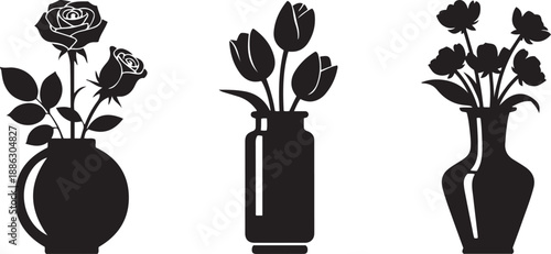 Black silhouettes of flowers in three different vases roses