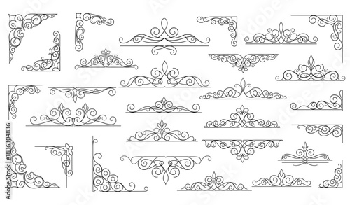 Vintage filigree decorative corner and divider vector set isolated on transparent background