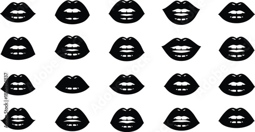 Set of black female lips icons with teeth in various smiling expressions isolated on white background for makeup and beauty logo design.