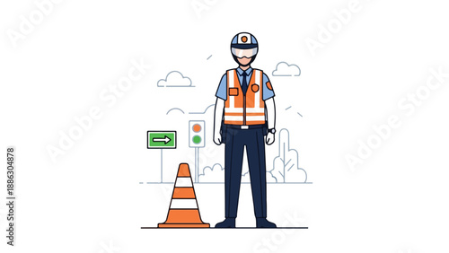 Illustration of a police officer standing beside a traffic cone and road sign with a cityscape background in a flat, line-drawn style with a professional and safety-focused mood.
