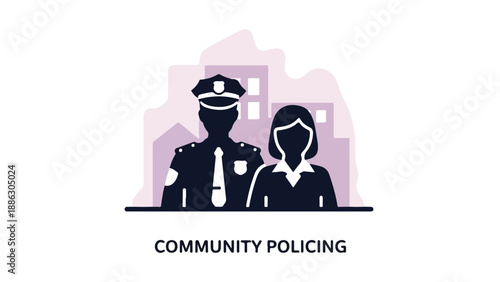 Flat design illustration of a police officer and a community member standing together in front of a cityscape with a purple background, conveying a sense of partnership and cooperation.