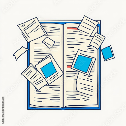 Wallpaper Mural Open book with flying paper, blue accents, scattered pages, creative, dynamic, white background Torontodigital.ca