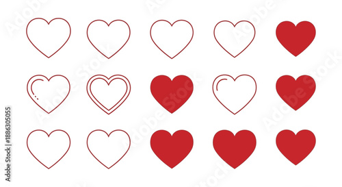 A collection of various heart shapes is displayed showcasing different styles and shades of red high quality professional