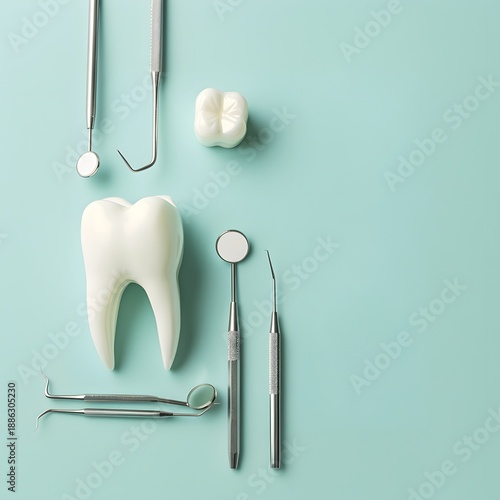 Dental tools arranged on a mint green background.