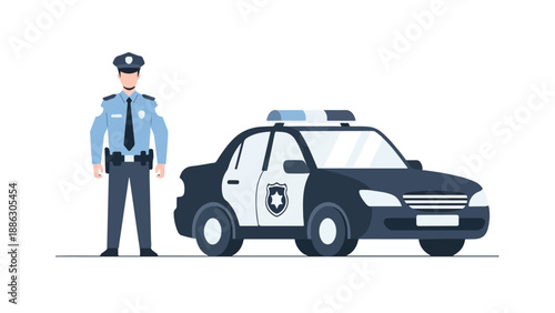 Illustration of a police officer standing beside a police car with lights on, against a clean white background with a flat design style.