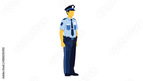 Illustration of a police officer standing in a neutral background, wearing a blue uniform and cap with a badge.