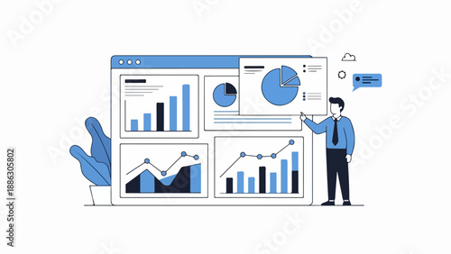 Businessman analyzing market trends on digital display with various charts and graphs