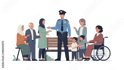 Illustration of a police officer engaging with a diverse group of people in a park setting with a bench and greenery.