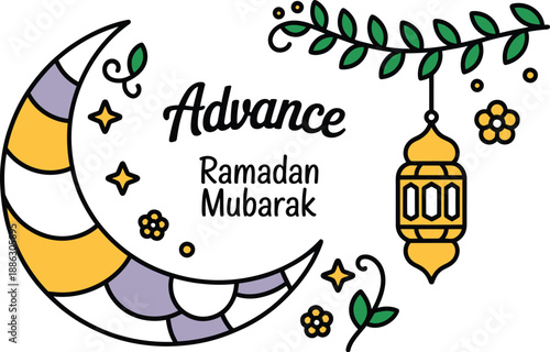 Advance ramadan mubarak a vibrant illustration featuring a crescent moon lantern and stars symbolizing the festive occasion isolated on white background