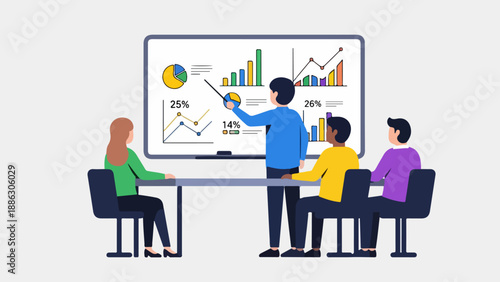 Business team discussing financial reports and graphs during a meeting presentation in a modern office setting from a side viewpoint