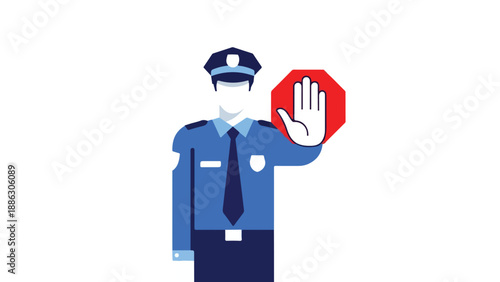 A police officer in a blue uniform holding up a red stop sign with one hand in a gesture to halt traffic or movement.
