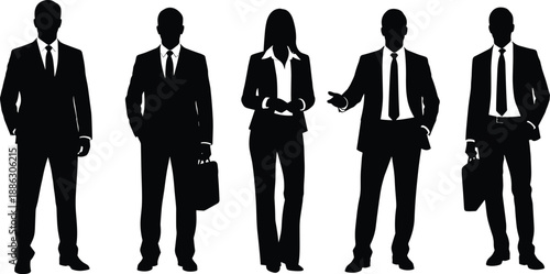 Business people silhouettes standing in formal suits with briefcases, professional teamwork, leadership communication, and modern corporate office workforce concept