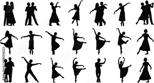 Ballroom dance silhouettes, elegant ballet dancer poses, couple dancing tango, graceful latin performers, artistic choreography set, vector icons of professional dancers, stage performance graphics