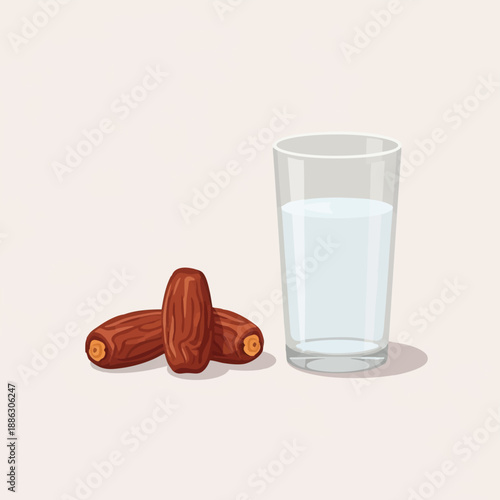 Three Dates (Tamar) and Glass of Milk Illustration. Simple digital art representing Ramadan Iftar fast breaking, healthy snack, or nutritious breakfast.