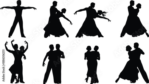 Ballroom dance silhouettes, elegant couple dancing waltz, professional latin performer poses, graceful tango partnership, artistic ballroom choreography, 