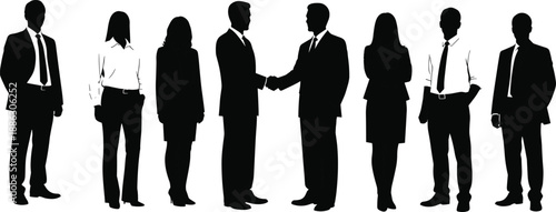 Business people silhouettes standing in professional lineup with handshake agreement, corporate partnership, teamwork, leadership, and modern office workforce concept