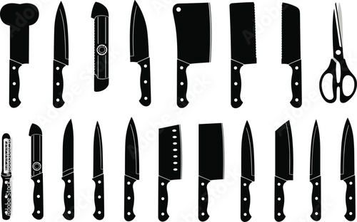 Set of black kitchen knife silhouettes and cooking tools isolated on white background vector illustration for restaurant menu, culinary school, or butchery logo design.