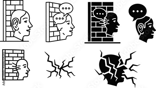 Black and white of people with thought bubbles and cracked heads against brick walls