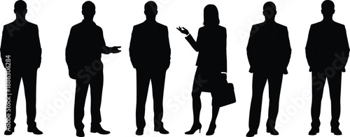 Business people silhouettes standing together in professional poses, corporate teamwork, communication, leadership roles, and modern office workforce concept