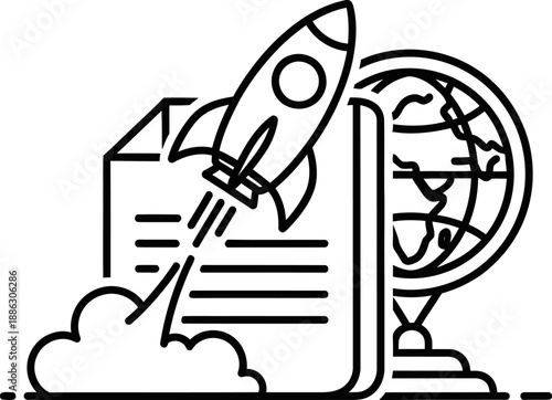 Black and white rocket launching from a document with a globe symbol space