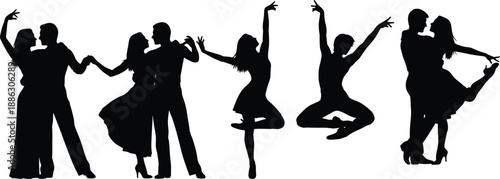 Black silhouette vector illustration of elegant ballroom dancers, romantic couples, and contemporary performers in graceful artistic poses isolated on a white background,