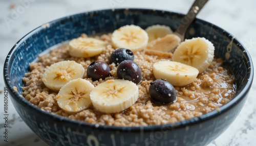 8k view oatmeal bowl with banana slices.