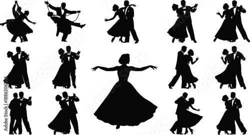 Ballroom dancing silhouettes set, elegant couples dancing waltz and salsa, formal gala party celebration, romantic dance partners vector illustration, wedding reception choreography icons.