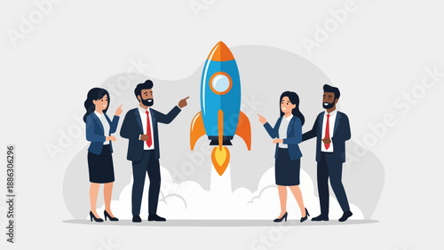 Business professionals collaborating and launching a rocket symbolizing startup success and innovation in a modern corporate environment from a straightforward viewpoint