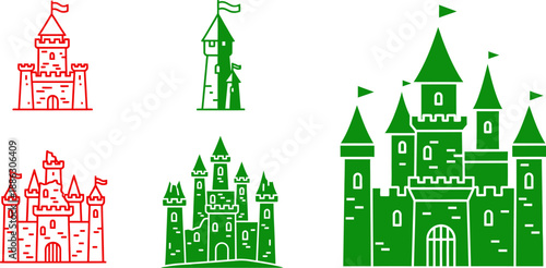 Colorful cartoon castles with flags and towers in red and green 1