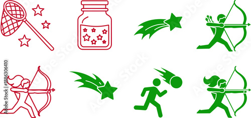 Colorful archers shooting stars and collecting them in jars with bows and arrows