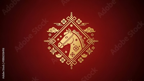 Theme Chinese New Year, Golden horse head in floral decorative frame on red background