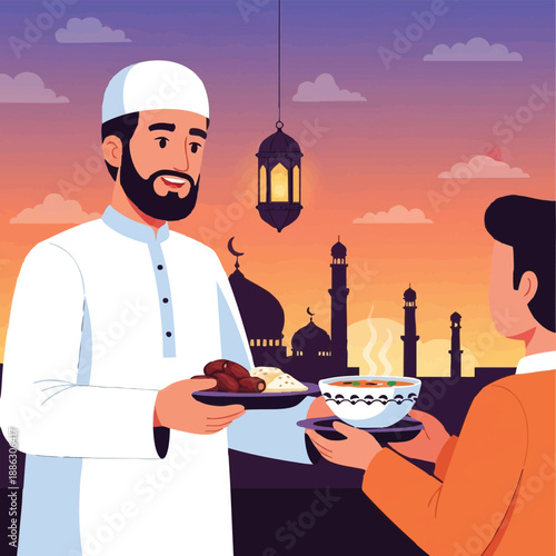 Ramadan Iftar Sharing Meal: Muslim Men Breaking Fast with Dates and Soup Against Sunset Mosque Silhouette and Fanoos Lantern. Vector Illustration.