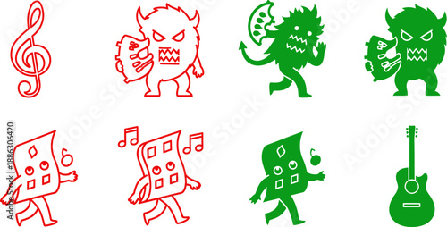 Colorful cartoon monsters playing musical instruments and dancing with musical notes 1