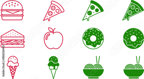 Colorful food including burgers, pizza, sandwich, apple, donuts, ice cream, and salad