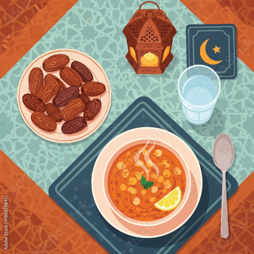 Ramadan Iftar Meal Flat Lay Illustration: Traditional Dinner with Harira Soup, Dates, Water, and Islamic Lantern.