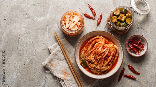 top view tasty kimchi bowls jars near chopsticks chili pepper concrete surface
