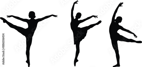 Black silhouette vector illustration of professional female ballet dancers performing various graceful dance poses and artistic movements isolated on a white background,