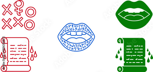 Colorful lipstick kiss marks and ancient scrolls with red and green ink blue