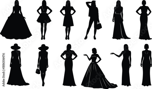 Elegant women fashion silhouettes collection showcasing stylish dresses, confident poses, glamour, femininity, and modern couture style concept on white background