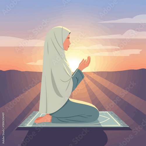 Muslim Woman in Hijab Praying at Sunset. Vector Illustration of Islamic Supplication (Du'a) on a Prayer Mat.