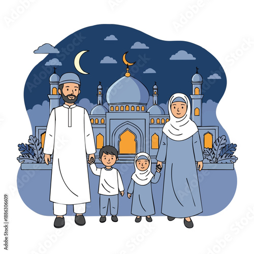 Happy Muslim Family Holding Hands in Front of Mosque at Night. Islamic Traditional Clothing, Ramadan, Eid Celebration, Unity, and Prayer Illustration.
