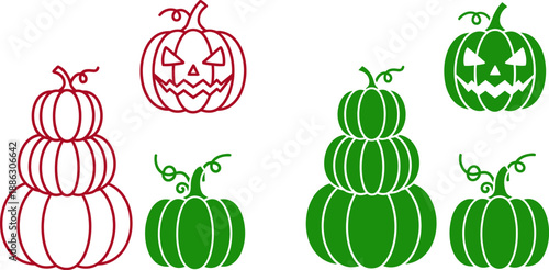 Colorful stack of pumpkins and jack o lanterns with carved faces and vines 1