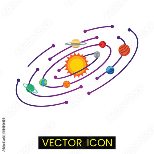 Colorful solar system vector illustration with sun and planets orbiting on purple paths.