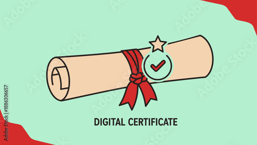 Digital certificate with red ribbon and checkmark on light green background scroll star