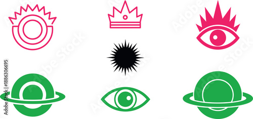 Colorful geometric symbols with eyes crowns and planets on white background